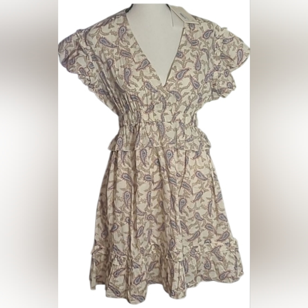 Elan Women’s Taupe Paisley Print Lightweight Ruffle Short Sleeve Mini Dress New